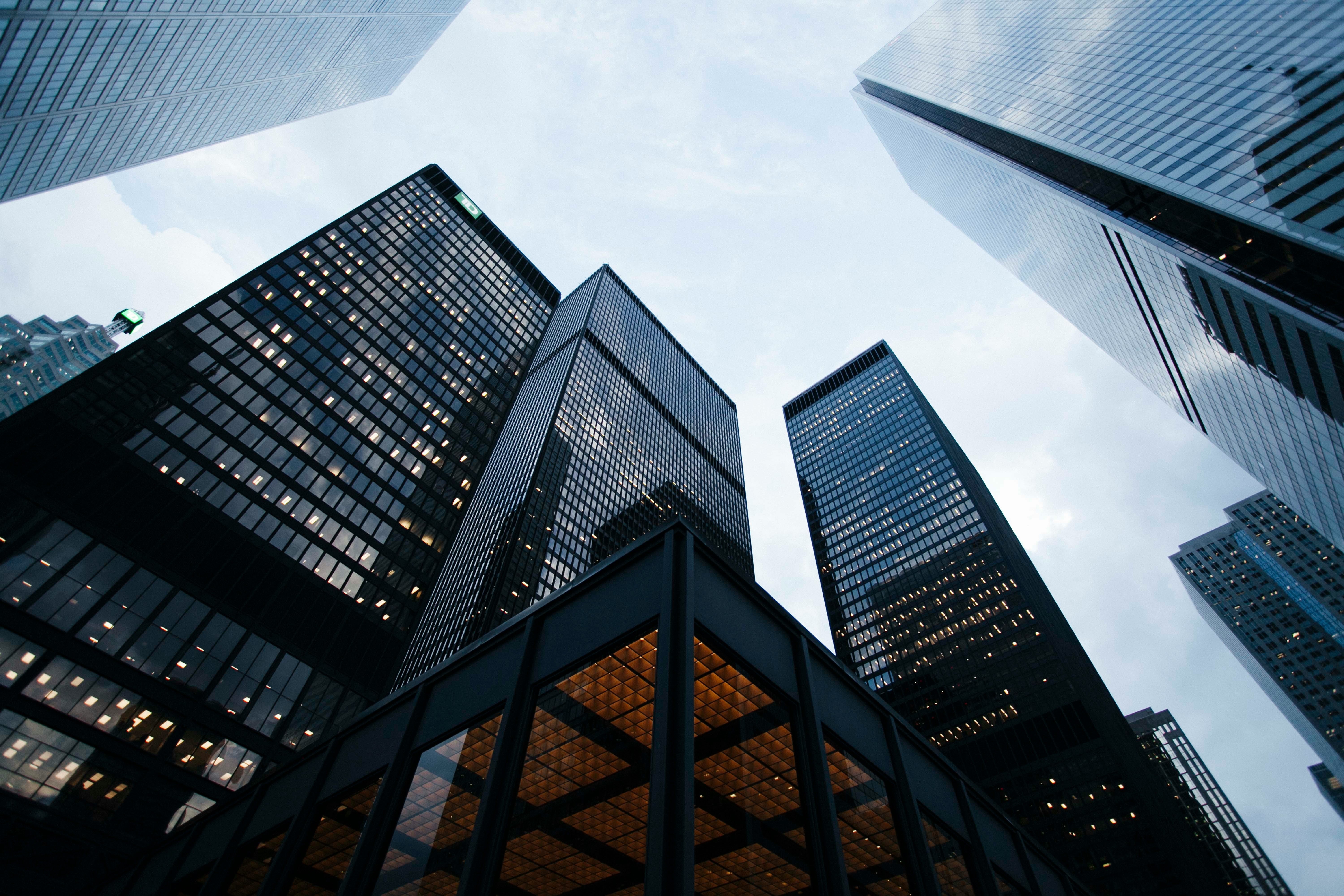 Commercial office towers viewed from street level